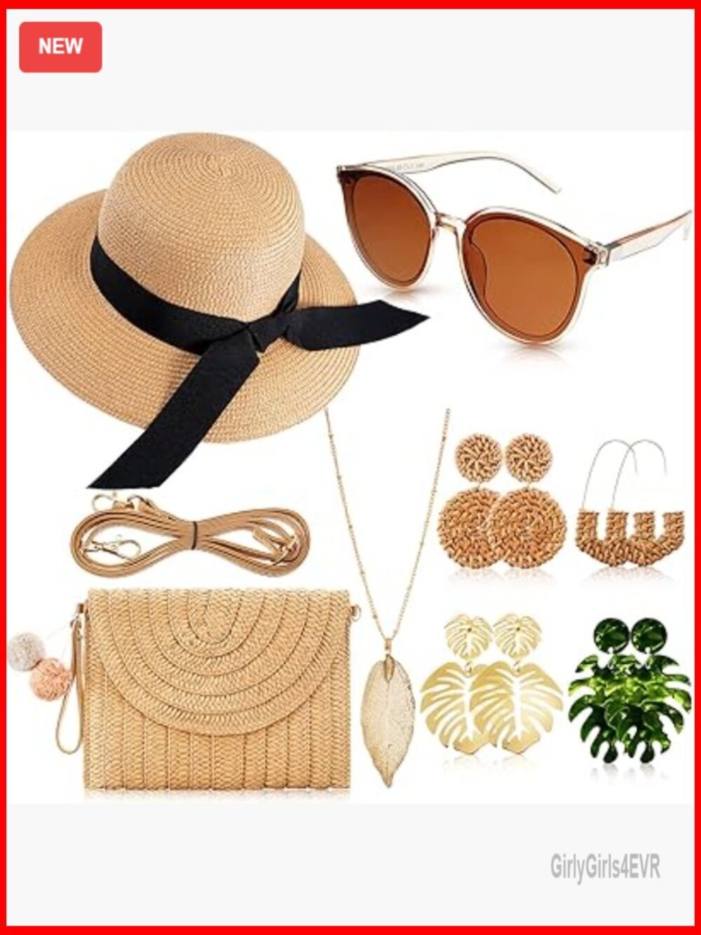 Bohemian Summer Jewelry Set with Straw Hat Sunglasses Bag Necklace Earrings